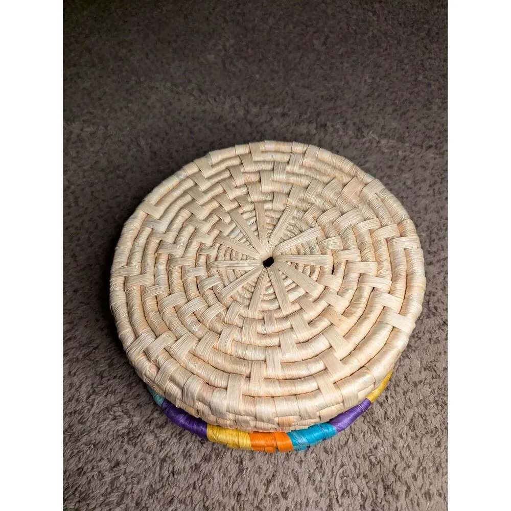Handwoven Boho Straw Basket with Lid Colorful Raffia Wooden Ring Handle